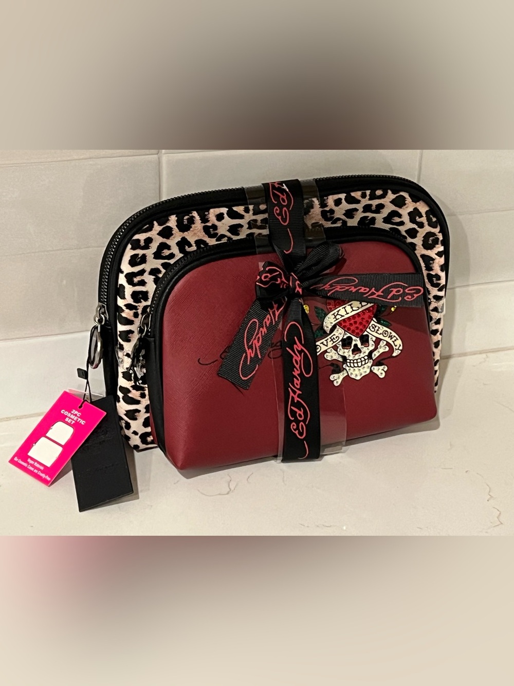 ED HARDY SKULL Cosmetic Bag Set 2pc Travel Bathroom Makeup Y2K Cheetah Leopard